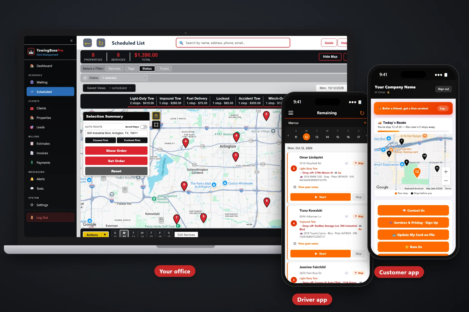 TowingBossPro impound and storage software on a laptop showing a towing company's dispatch board and stored vehicles, with the driver app and the customer app on two phones